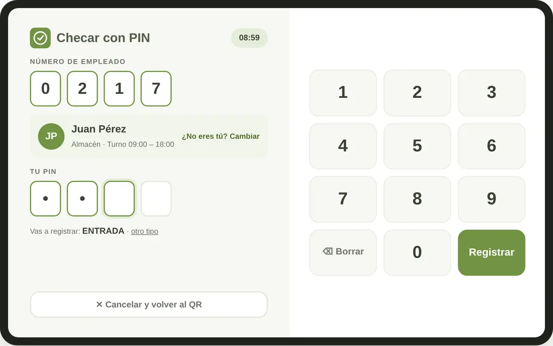 Teclado del kiosko para checar con número de empleado y PIN