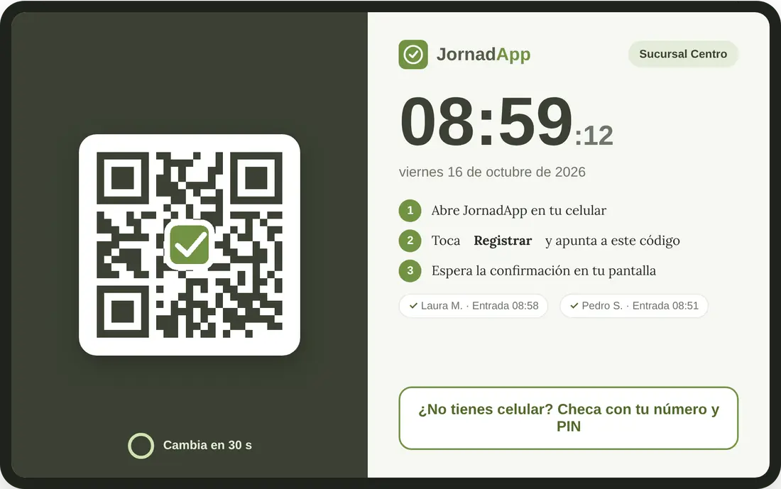 Kiosko en tablet con código QR que cambia cada 30 segundos y la hora